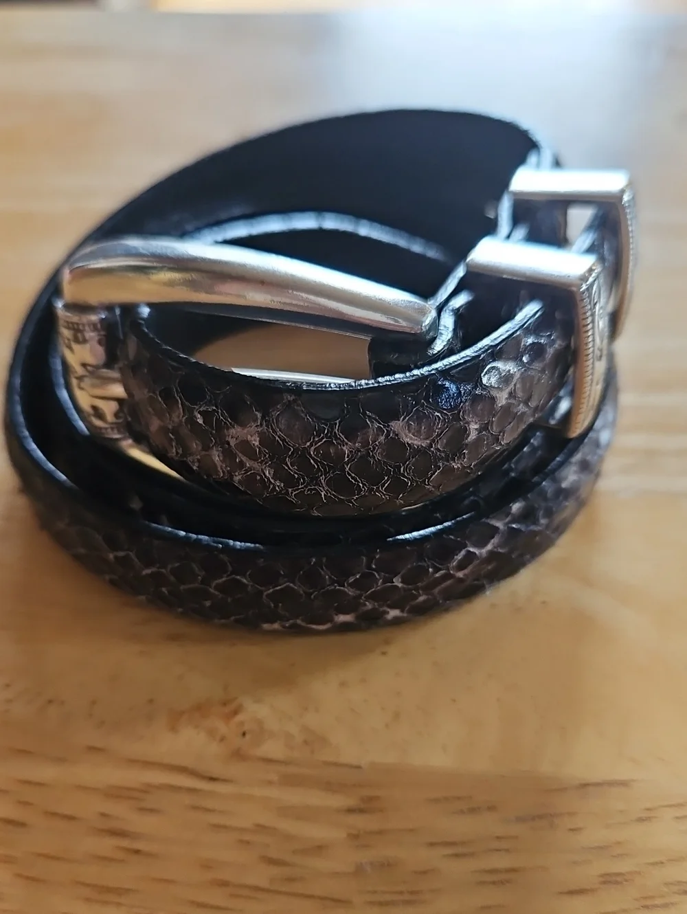 Brighton Black Snakeskin Textured Leather Belt with Silver Buckle